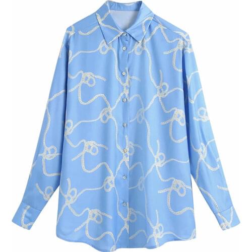 TRAF Za 2021 Blue Blouses Women Print Satin Top Female Oversize Shirt Long Sleeve Summer Blouse Elegant Blouses Button Up Shirts
