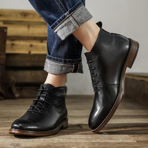 Autumn Winter Vintage British Casual Men Shoes Handmade Ankle Boots Cow Leather Pointed Toe Chelsea Boots Big Size Work Western