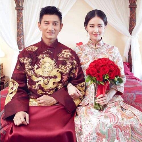 Oversea Female Qipao Chinese Cheongsam Oriental Dragon Phoenix Handmade Embroidery Bride Wedding Dress Gown Marriage Dress