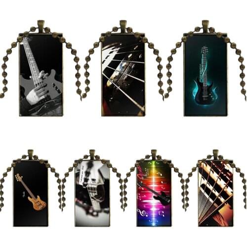 For Women Vintage Jewelry Bronze Plated With Glass Cabochon Choker Long Pendant Rectangle Necklace Bass Guitar