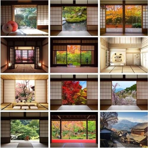 Avezano Japanese Style Interior Room Backdrop Wood Door Fall Yellow Leaves Portrait Photography Background Photo Studio Shooting