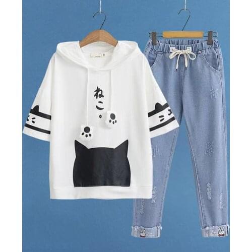 2021 hoody Women Harajuku Japan Style Cat hoody White Hooded Short Sleeve Cotton Girls Friends hoody kawaii clothes hoodie