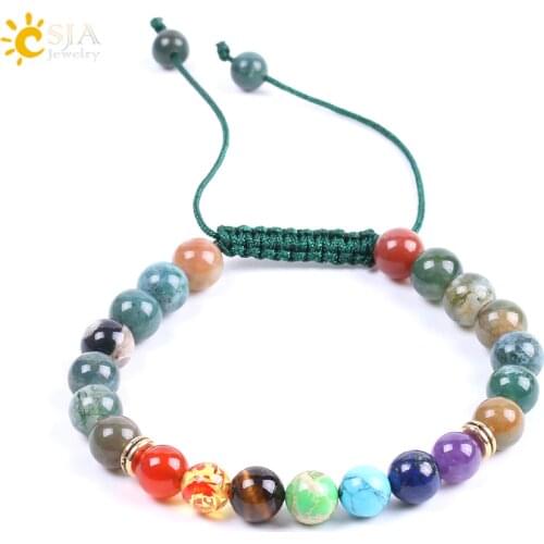 CSJA 7 Chakra Healing Bracelet Mixed Colors Natural Stone Onyx Balance Bangle Size Adjustable for Women Men Charm Jewellery F089