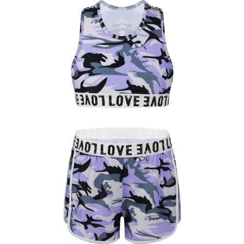Kids Sport Clothes Sets Camouflage Letter Hem Vest Top + Shorts Outfits Girl Ballet Dance Gymnastics Workout 2pcs Sets
