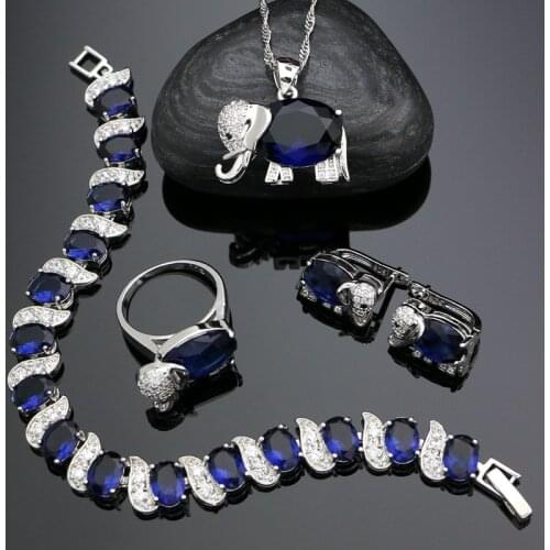 Elephant Shape 925 Sterling Silver Jewelry Sets For Women Blue Stones Cubic Zirconia Earrings/Pendant/Necklace/Ring/Bracelet