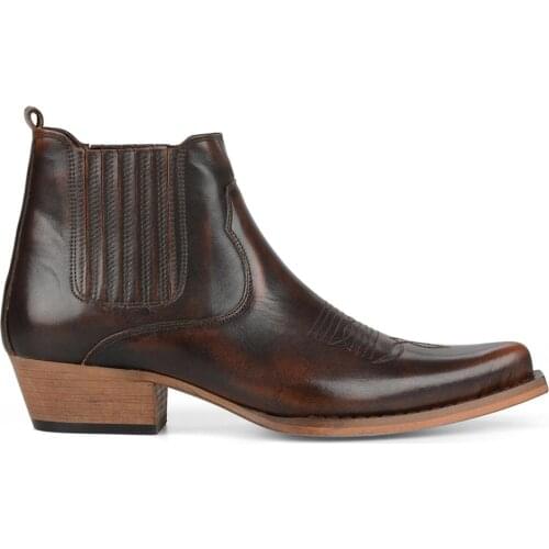 FootCourt- Brown Men Cowboy Boots Western Ankle Boots Genuine Leather Embroided Shoes Boots Pointed Toe Handmade Classic Boots