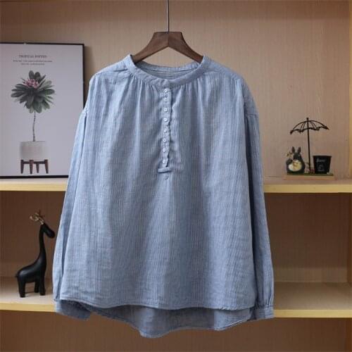 2020 New Autumn Women Cotton Stand Collar Blouse Loose Vintage Shirt Stripe Long Sleeve Women Tops