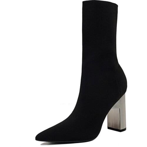 New Winter Ankle Boots Autumn Pointed Toe Stretch Knitting Sock Boots High Heels Slip On Lady Shoes Sexy Party Boots Plus Size