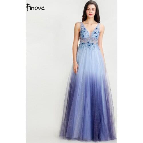 Finove 2020 New Styles Prom Dresses Elegant Illusion Appliques Crystal V-Neck Sleeveless Floor-Length Prom Gowns for Party