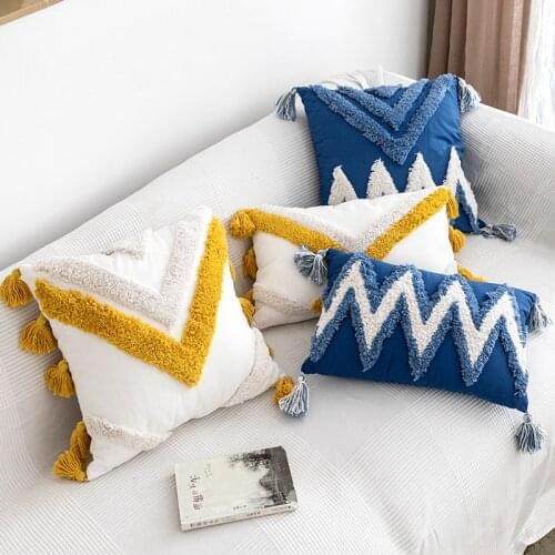 Handmade Cushion Cover Moroccan Style Abstract Navy Blue Pillowcase Tassels Fringe Square Rectangle Pillow Cover 45x45cm/30X50CM