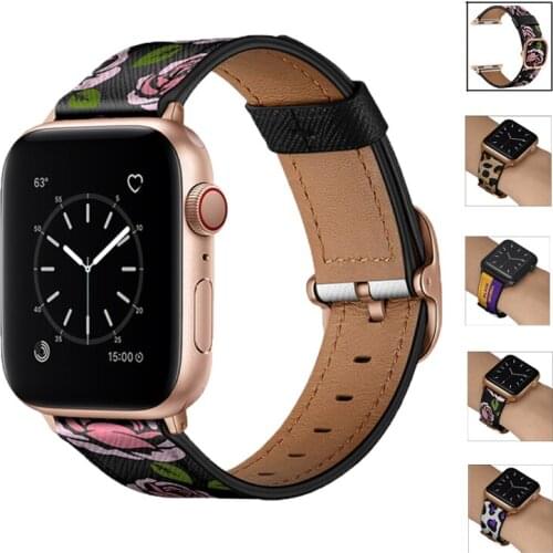 Design Floral Leather Strap For Apple Watch Band Series 6 SE 5 4 3 2 Flower Print Genuine Bracelet For iWatch 42/44mm 38/40mm