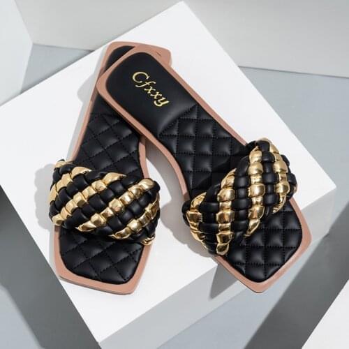 New Summer Women Slippers Weave Pu Leather Women Sandals Open Toe Flat Casual Female Slides Shoes Woman Outdoor Beach Flip Flops