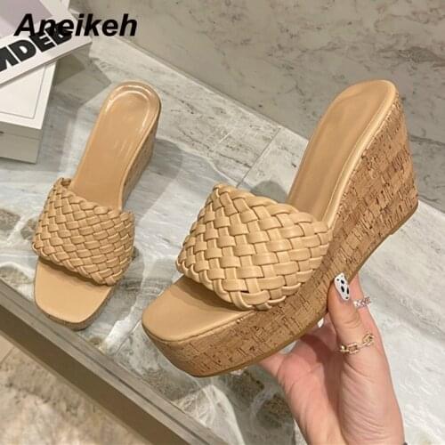 Aneikeh Shoes For Women 2021Summer Fashion Peep Toe Slippers Wedges PU Slides Party Shallow Classics Concise Checkered Platform
