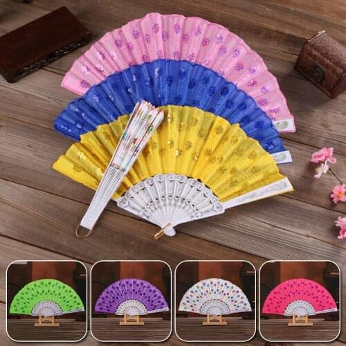 New Fashion Dance Fan Vintage Style Folding Wedding Party Hand Fan Bling Sequins Peacock Tail Folding Fan Art Craft Home Decor