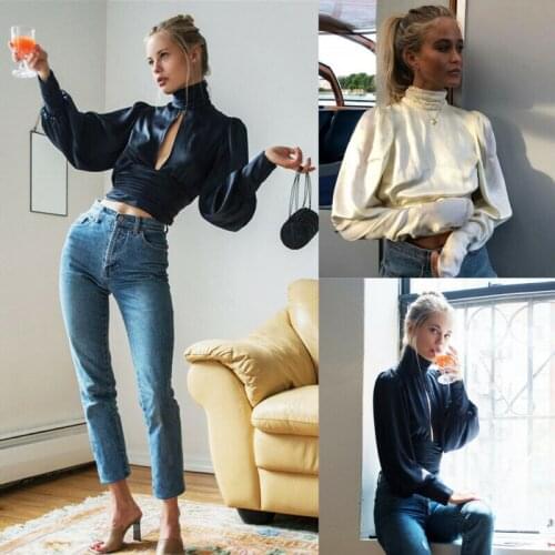 Office Women Autumn New Satin Mock Neck front Keyhole Back Cut-out Slim Top Long Puff Sleeve Blue Shirred T Shirt England Style