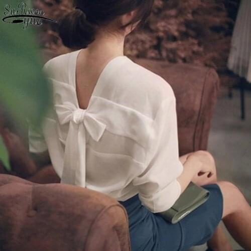 2021 Spring Long Sleeve White Blouse Women Back Bow V-neck Korean Style Solid Tops Chiffon Blouse Office Lady Style 11571