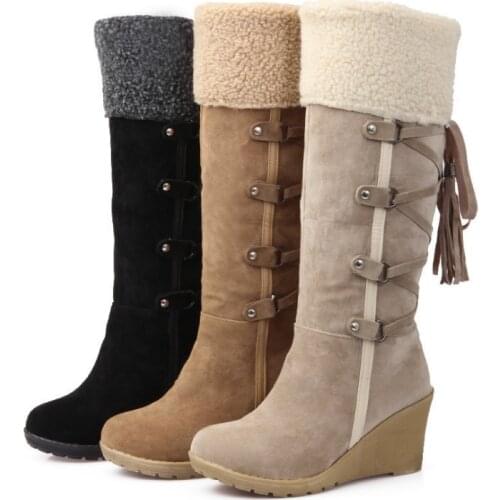 Women Wedge Boots Winter Keep Warm Quality Mid-Calf Snow Boots Ladies Lace-Up Comfortable Waterproof Booties Chaussures Femme