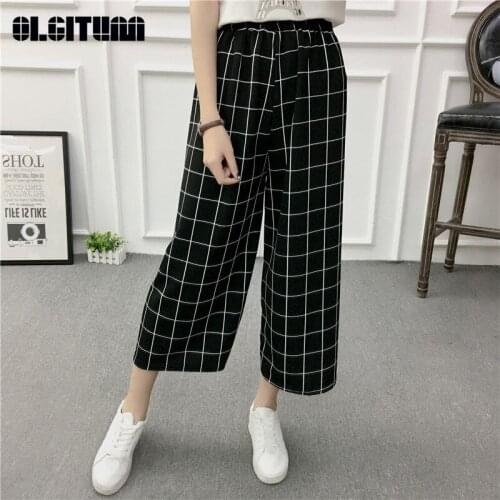 2020 Women New Summer Cool Striped Ankle Length Pants Casual Loose Blet High Elastic Waist Wide Leg Trousers