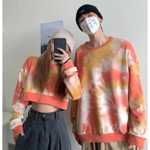 Harajuku Style Tie-dyed Hoodies Women 2020 Loose Long Sleeves O-neck Sweatshirts Vintage Clothes Sweethearts Outfit