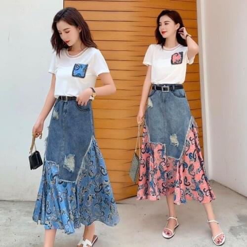 Skirt Suit Summer Suit Female 2021 New Western Style Beaded Top + Denim Stitching Printed Skirt Two-piece