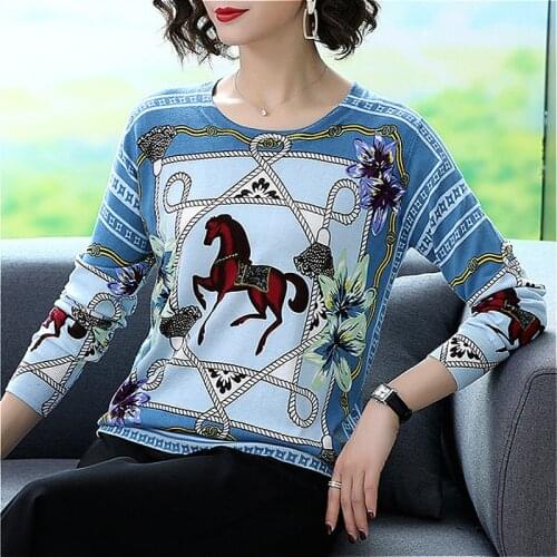 2019 High Quality Sweater Luxury Brand Autumn Loose Knitted Sweater Horse Printed Pullovers Women O-Neck Sweaters Female Tops