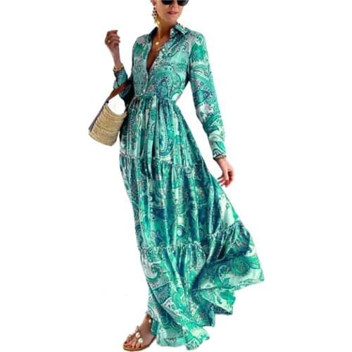 New Ethnic Style Midi Dress Floral Print Turn-down Collar Summer Button Pleated Maxi Beach Dress for Lady Beach Streetwear