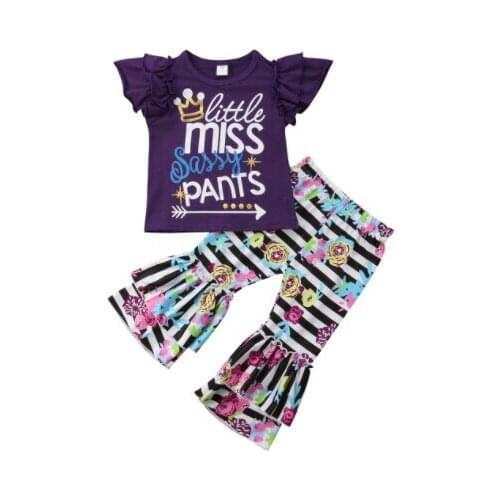2PCS Kids Girls Summer T-shirt+Striped Floral Pants Leggings Outfits Clothes Set