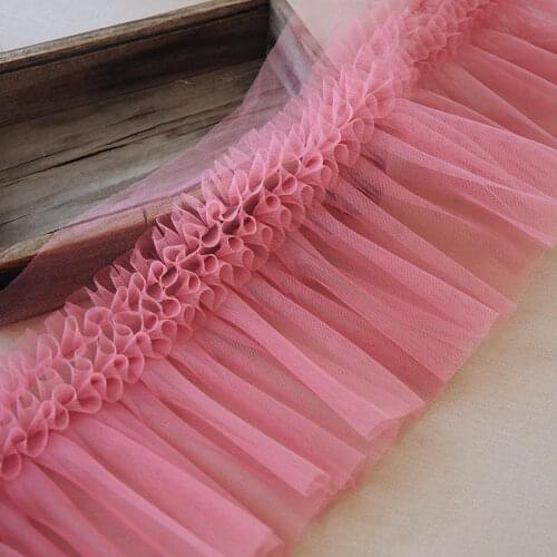 3Meters 24cm Wide White Watermelon Red Ruffled Tulle Trim Pleated Mesh Lace trim tutu dress fabric DIY doll dress fabric