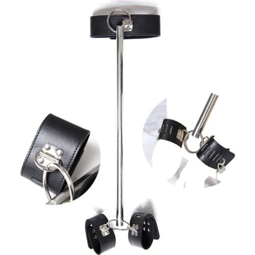 CamaTech Stainless Steel Metal Spreader Bar with Collar To Hand Cuffs PU Leather Neck Wrist Bondage Restraints Behind for Couple