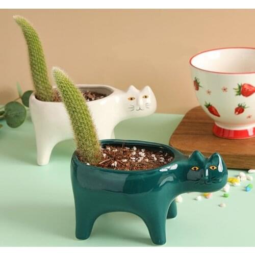 Cartoon Cat Flowerpot Succulent Planter with Drainage Ceramic Plant Flower Pot Garden Cactus Plants Potted Vase Home Decoration