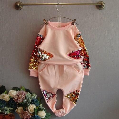 Childrens girls and boys suits cotton sweatshirt T-shirt +long pants sequined peacock 2 psc set kids sport casual set