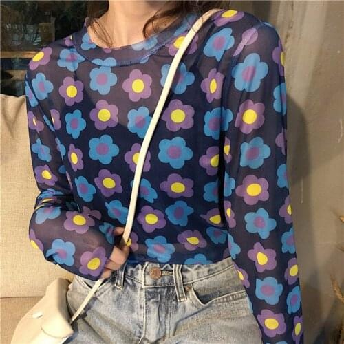 Focal20 Streetwear Floral Mesh Female T Shirts Tops Crew Neck Short Sleeve Summer Spring Women T-shirts T Shirt