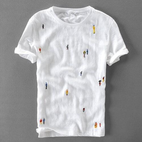 Cartoon embroidery stitching linen short sleeve T-shirt men brand casual round neck elastic white cotton male t shirt