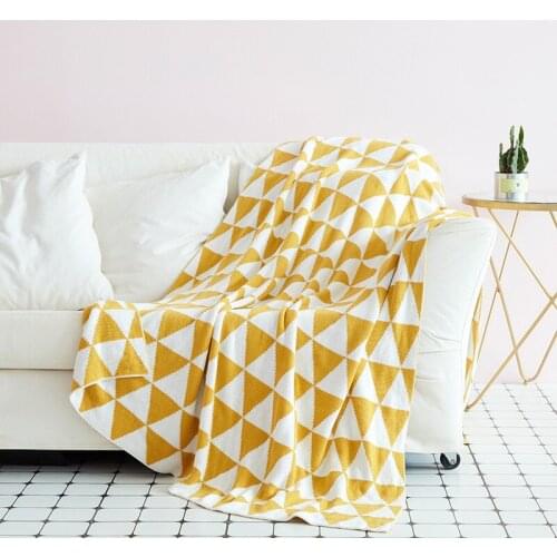Cotton Knitted Thread Blanket Geometric Plaid Throw For Sofa Decorative Bedspread On The Bed Yellow And Grey 130x160cm