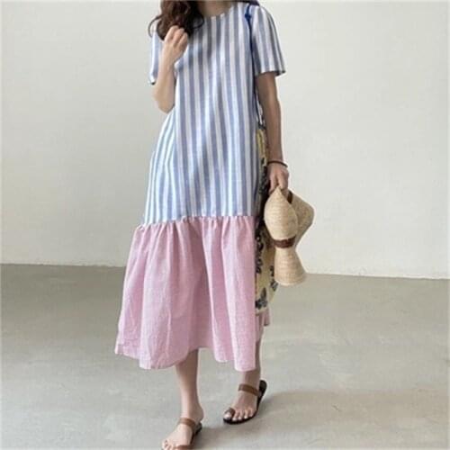 Stitching Summer Striped Hit Color Over the Knee Dress