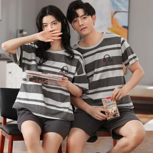 Summer Cotton Cartoon Headset Print Short Sleeve Couple Pajamas Sets Casual Plus Size Men Homewear Fashion Gray Stripe Sleepwear