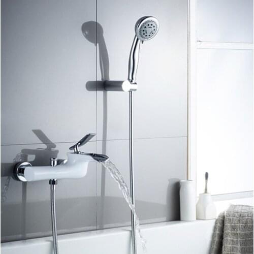 Fashion chrome and white Wall Mounted waterfall Bathtub Faucet set with 1.5 m hose,shower head and brass seat