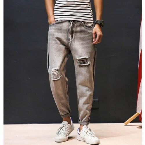 Mens Solid Color Spliced Jeans Loose Pencil Pants Sexy Casual Hole Ripped Design Streetwear Cropped Pants