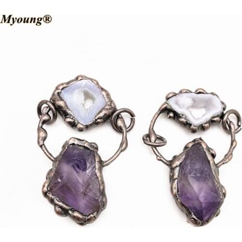 Retro Viintage Amethysts Necklace Pendant,Agates Geode BOHO Jewelry Making Crystal Quartz Antique Copper Loop Charms MY210434