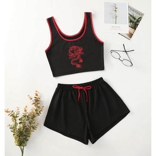Sexy Print Lady Soft Satin Sleepwear Women Lace Shorts Two Piece Sets Pajamas Summer V-neck Vest Tops Suits Homewear