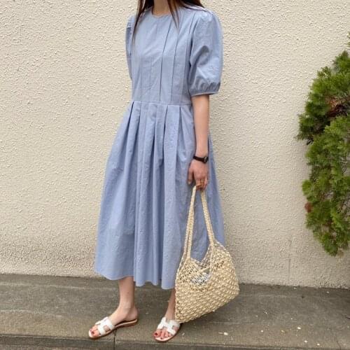 Women Summer Blue Vintage Pleat Long A-line Dress Elegant High Waist Ruffles Midi Sundress Short Sleeve