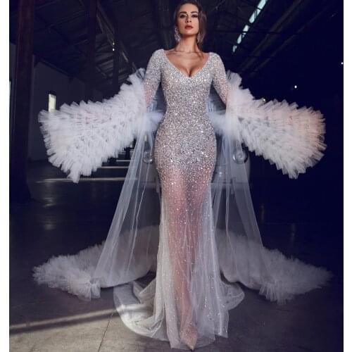 Luxury Sparkle Crystal Beaded Mermaid Bridal Dresses With Tulle Jacket 2021 Sexy See Thru White Long Prom Gowns