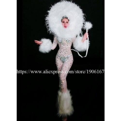 Sexy Lady Rhinestone Perspective Stage Performance Costume Halloween White Lion Cosplay Clothes With Headwear