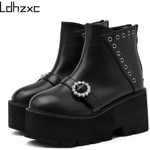 LDHZXC 2020 Sexy Rivets Women Boots Shoes patent leather Thick Heels Platform Heel Female Footwear For Pary Black Punk Style