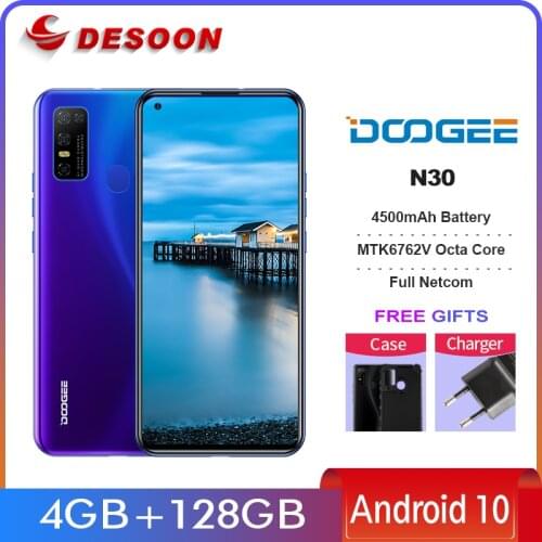 Doogee N30 6.55" Android 10 Smartphone 4GB+ 128GB Octa core 4500mAh Battery 16MP Rear Cameras Face Unlock Dual 4G Cellphone