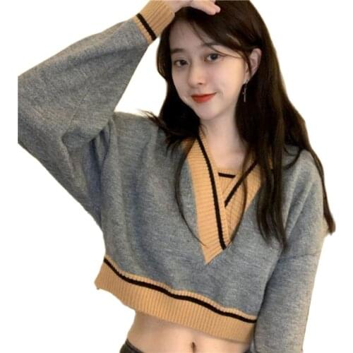 Y2k V-Neck Patchwork Crop Knitted Sweater Korean Fashion Gray Blue Long Sleeve Tops Spring and Autumn Schoolgirl Clothing