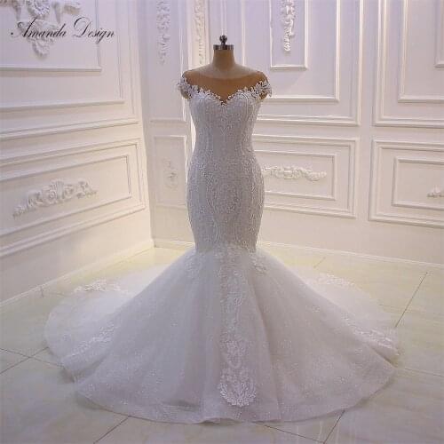 Amanda Design robe soiree Cap Sleeve Lace Appliqued Shiny Mermaid Wedding Dress