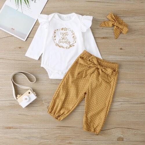 2020 Baby Girl Spring and Autumn Set Long Sleeve Jumpsuit Flying Sleeve Romper Fashion Polka Dot Pants Turban Girls Clothes 3PCS