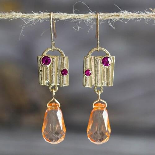 Vintage Orange Crystal Stone Dangle Earrings for Women Gold Color Bohemian Hook Earrings Statement Party Jewelry Wholesale