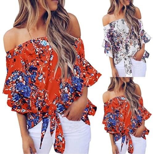 Women Casual Sexy Print Blouse Blouse Fashion Ladies Off Shoulder Tie Knot Front Daily Beach Top 2021 Vintage Boho Floral Shirts